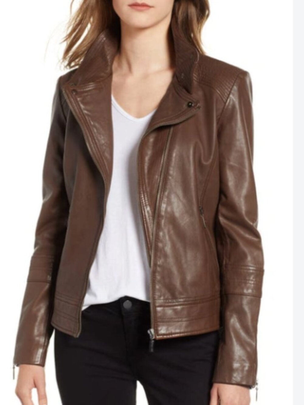 Bernardo Moto Jacket 100% Genuine leather Chocolate Brown Motorcycle Fitted S